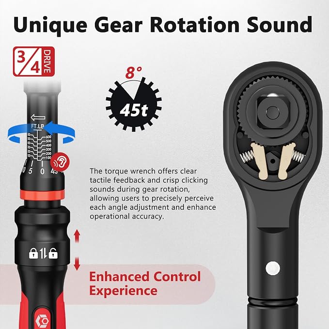 VANPO Torque Wrench 3/4-Inch Drive 100-650 Ft-Lb for Truck, ±3% Accuracy | Click Style, Quick-Release Ratchet Head, Heavy Duty for Heavy Equipment & Industrial, 40 CR, TPR+ABS Handle, 45-Tooth