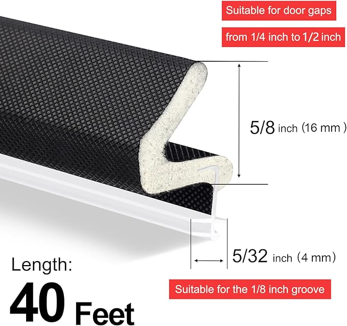 40 Feet Door Weather Stripping, Kerf Weather Stripping for Doors with Groove, Kerf Door Seal for Large Gap and Easy Installation(40, Black)