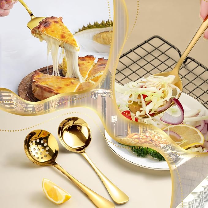 32 Piece Stainless Steel Serving Utensils Set - Complete Buffet Serving Spoons, Tongs, Ladles, Spatulas for BBQ, Parties, Weddings, Catering and Events (Gold)