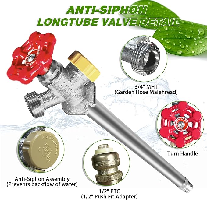 12 Inch Anti-Siphon Frost Free Sillcock Valve Multiturn 1/2 Inch NPT, 3/4 Inch Hose Bibb, Brass Body,Brass Valve 12 inch Length