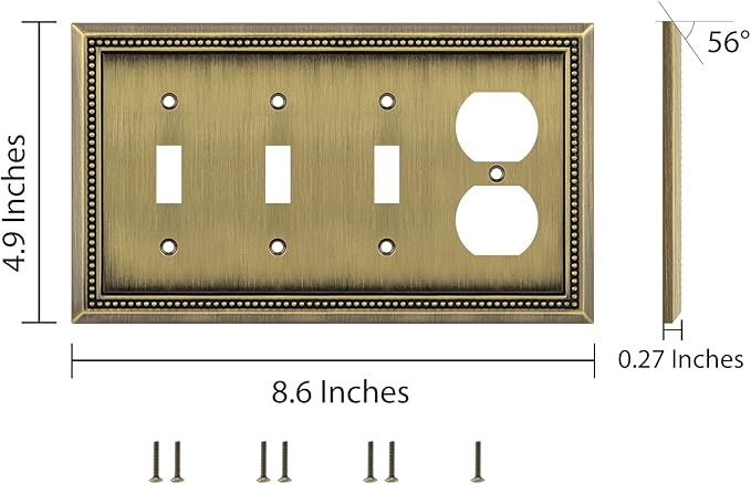 Henne Bery Sunken Pearls Heavy Duty Decorative Wall Plate Switch Plate Outlet Cover (Triple Toggle/Single Duplex, Antique Brass)