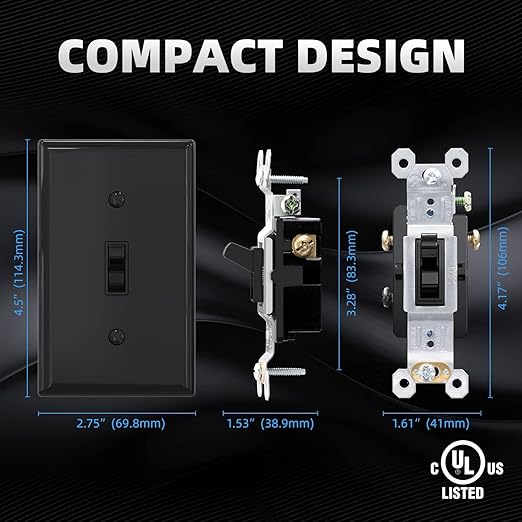 ELEGRP 3 Way Toggle Light Switch with Plate - 15 Amp, 120V Quiet AC Switch - In Wall On/Off, Self-Grounding - Residential & Commercial Grade, UL Listed (5 Pack, Glossy Black)