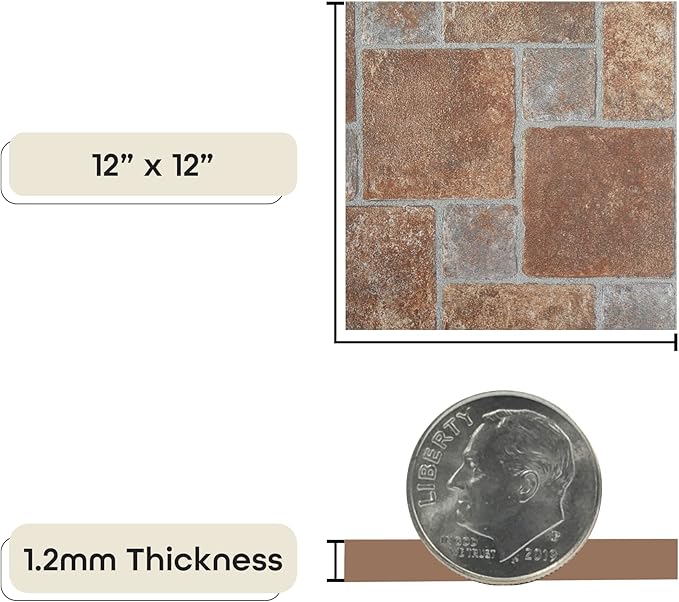 Tivoli Self Adhesive Vinyl Floor Tiles, 45 Tiles - 12" x 12", Brick Pavers Peel & Stick, DIY Flooring for Kitchen, Dining Room, Bedrooms, Basements & Bathrooms by Achim Home Decor