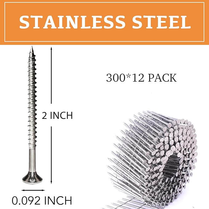 Stainless Steel 3600 Count Siding Nails, 15-Degree 2 Inch *.092 Wire Collated Coil Ring Shank Nails, Full Round Head Galvanized Siding Nailer Attachment Replacement Parts