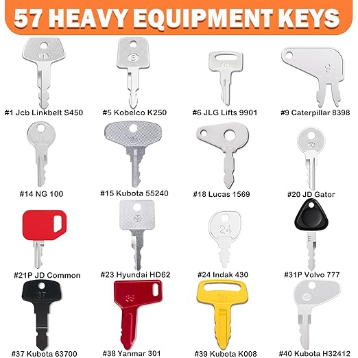 57PCS Heavy Equipment Keys Master Set, Construction Equipment Keys for Cat Caterpillar John Deere Komatsu Volvo Bobcat Kubota JCB Case New Holland Hitachi Hyster Yanmar Takeuchi Contractor Machinery