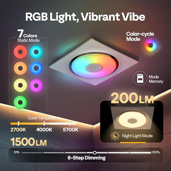 VIVOHOME Bathroom Exhaust Fan with RGB Light & Humidity Sensor (160-110-50CFM) & Bluetooth Speaker - 2700K/4000K/5700K LED Light, EC Motor Retrofit Bath Fan, No Attic Access Needed