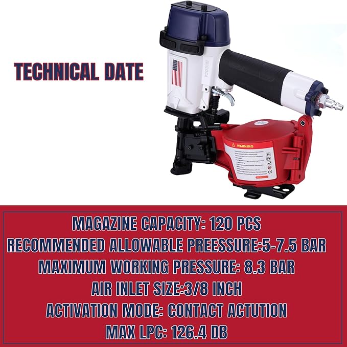 American Style CN45N Roofing Nailer, 15 Degree Roofing Nail Gun, 3/4-Inch to 1-3/4-Inch Coil Nails, 120-pcs Load Capacity Coil Nailer