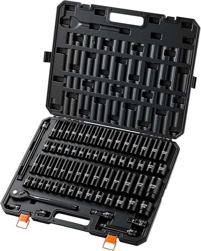 VEVOR 1/2" Drive Impact Socket Set, 65 Piece Socket Set SAE 3/8" to 1-1/4" and Metric 10-24mm, 6 Point Cr-V Alloy Steel for Auto Repair, Rugged Construction, Easy-to-Read Size Markings, Storage Case