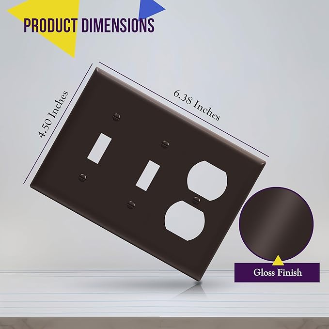 ENERLITES Combination Triple Gang Wall Plate, Double Toggle Switch/Single Duplex Receptacle Cover Plate, Standard Size 3-Gang 4.5" x 6.38", Polycarbonate Thermoplastic, 881221-BR, Brown