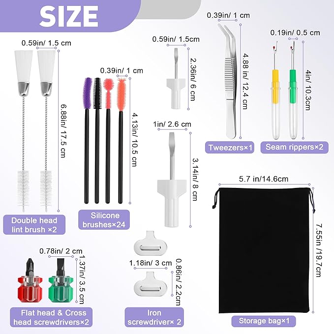 36 Pcs Sewing Machine Cleaning Kit Including Silicone Dense Hair Cleaning Brush, Tweezers, 2-Headed Brush, Screwdriver, Seam Rippers for Repair Clean Sewing Machine Repair Tools-Coldairsoap