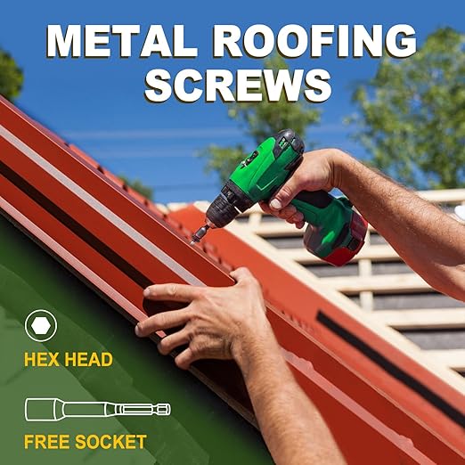 LIONMAX Metal Roofing Screws #10 × 1-1/2 Inch, 300-PCS, Dark Red Painted Hex Head Sheet Metal Roof Screws, Rubber Washer, Sharp Point, Metal to Wood Siding Screws, Hex Socket Included