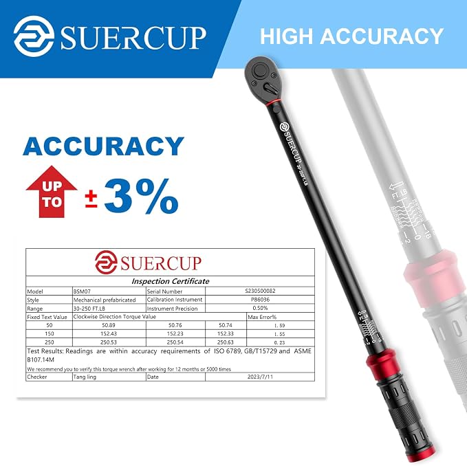 1/2" Drive Torque Wrench, 30-250 Ft.Lb, 100-Tooth, for Heavy Duty | 40.7-339Nm, Click Type, 3.6° Arc Swing, ±3% High Accuracy,for Truck/SUV Suspension, Control Arms, Lug Nuts & Auto DIY