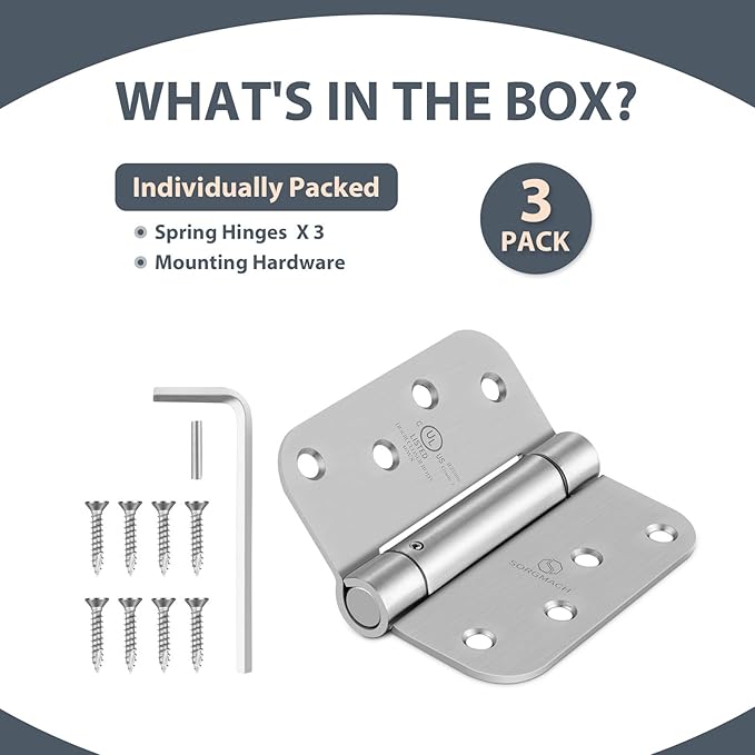 Satin Door Hinges Self Closing Hinge Auto Close Hinge Outlet Hardware Adjustable Spring Loaded Hinges 5/8" Radius Corner for Commercial Grade Self-Closing, UL Listed 3 Pack