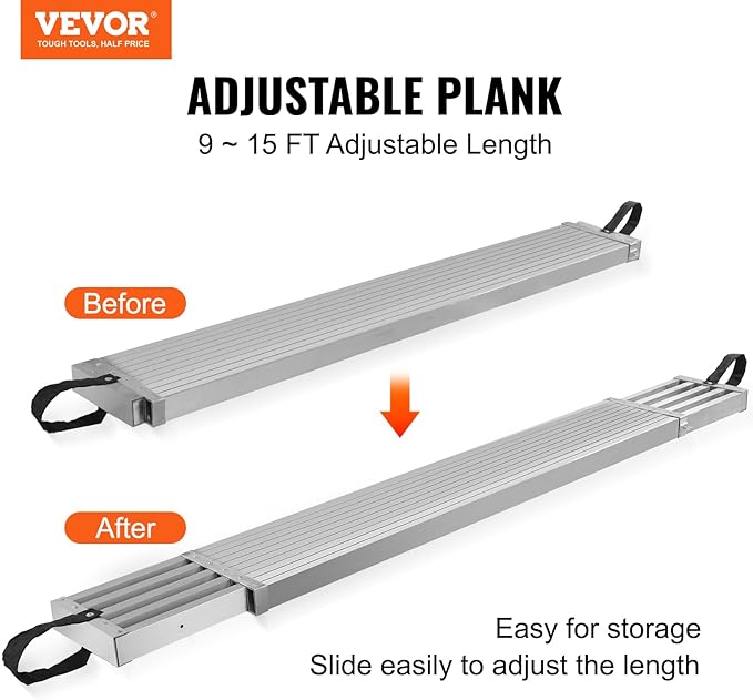 VEVOR Aluminum Telescoping Work Plank, 9-15FT, 500lbs Capacity, 12.5 inch Width, Scaffolding Plank with Skid-Proof Platform Scaffold Ladder Accessory