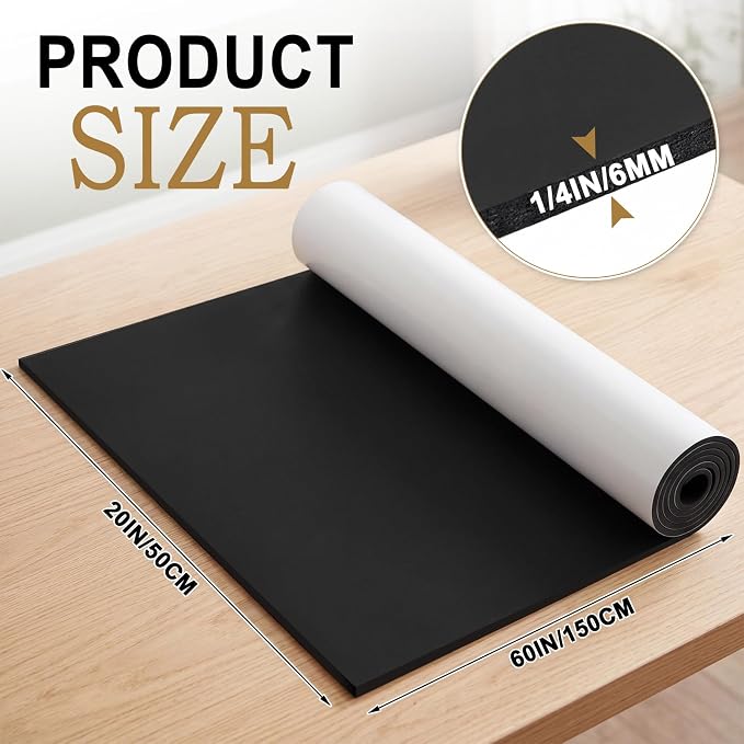 20" x 60" Neoprene Sponge Foam Sheet with Adhesive, 1/4" Thick Large Closed Cell Foam Roll, Rubber Insulation Pad Water Resistant for Boats, RV , Gaskets, Anti Vibration DIY Craft