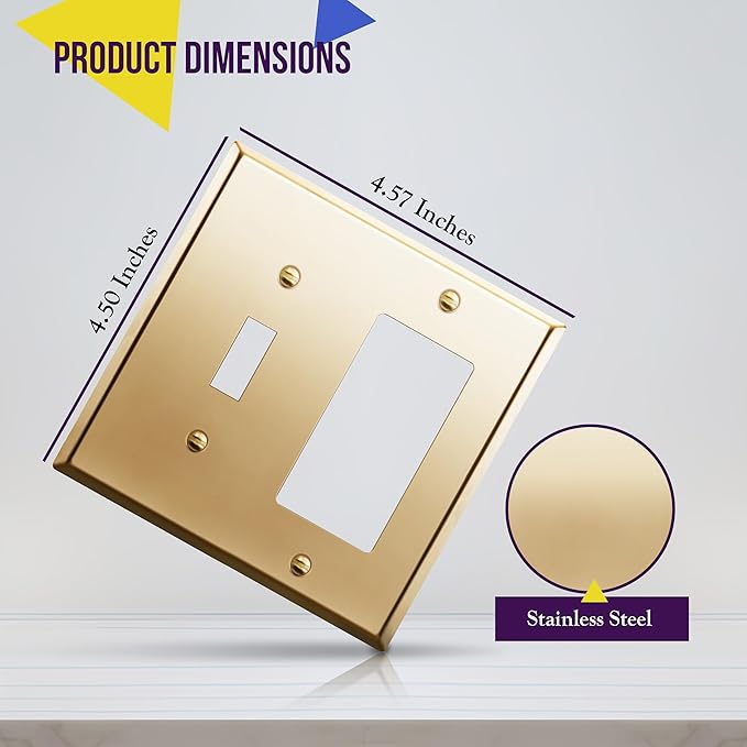 ENERLITES Combination Toggle and Decorator Switch Metal Wall Plate, Stainless Steel 201, Corrosion Resistant, Size 2-Gang 4.50" x 4.57", 771131-PB, Polished Brass, Gold