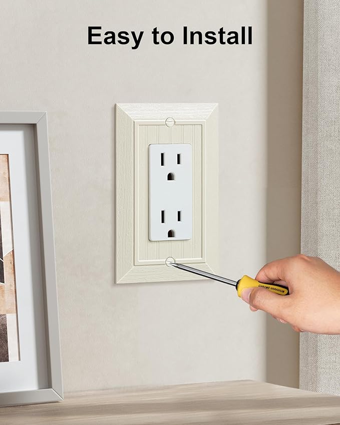 2-Pack Classic Beadboard Decorator Wall Plate Cover, Light Almond Decorative Switch Plates and Outlet Cover, Durable Unbreakable Polycarbonate Wall Plate for Electrical Outlet, Receptacle, GFCI Outlet
