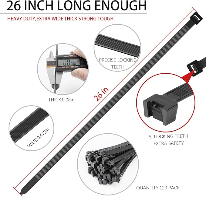 BethTie 26 inch Black Zip Ties Heavy Duty 120 PCS, 300 LBS Ultra Strong Plastic Wire Ties, Large Cable Ties Extra Long Tie Wraps UV Resistant for Indoor Outdoor
