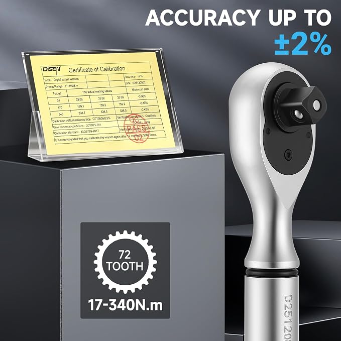 DISEN 1/2" Digital Torque Wrench 17-340Nm 4 Mode Alert 5 Unit ±2% Accuracy | Chrome vanadium steel | Adjustable torque limits | LED display | Buzzer notification | For automotive motorcycle bike
