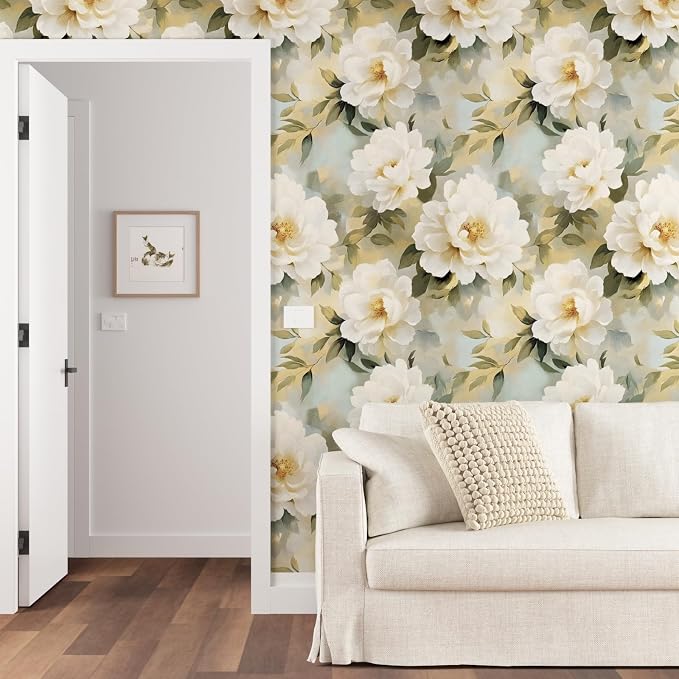 White Floral Wallpaper Peel and Stick,Beige/Green Peony Contact Paper,Oil Painting Watercolor Large Flower Wall Paper Self Adhesive Waterproof Removable for Bedroom Shelf Cabinet Drawer 17.5" x 118"