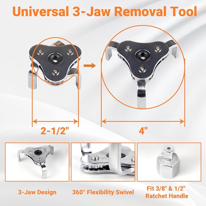 8PC Oil Filter Wrench Set with Swivel Oil Filter Wrenches Cover 2-3/4" to 5-1/4", 9" & 12" Adjustable Oil Filter Pliers, Universal 3-Jaw Oil Filter Removal Tool with 1/2" to 3/8" Adapter