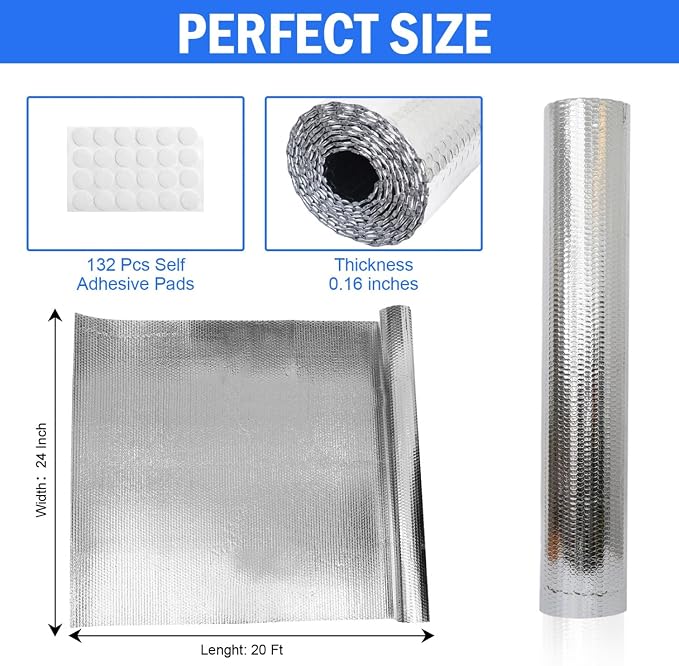 YoleShy Double Reflective Insulation 24 in X 20 FT RV Window Insulation for Summer Heat Reflective Window Film for Roof, Car, Garage Doors