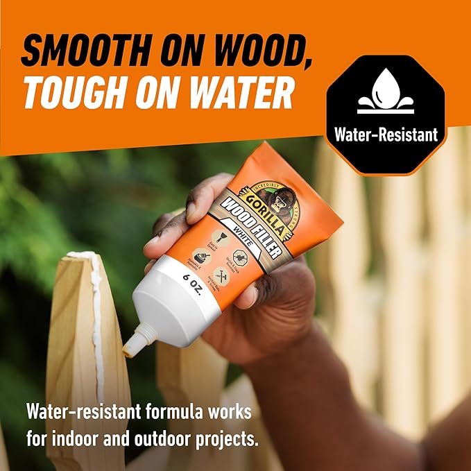 Gorilla All Purpose Wood Filler, White, Wood Filler, 6 Ounce Tube (Pack of 1) - Water Resistant for Indoor or Outdoor Projects and Repairs