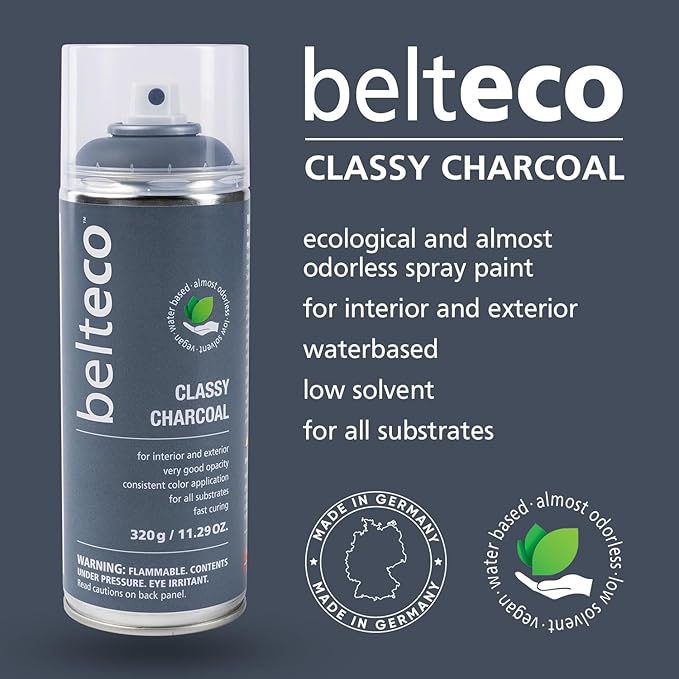 Classy Charcoal Spray Paint | Water based & Odorless | Eco-Friendly & Vegan | Weather & UV-Resistant | For all Substrates | Fast Drying with High Coverage | For Indoor/Outdoor Use