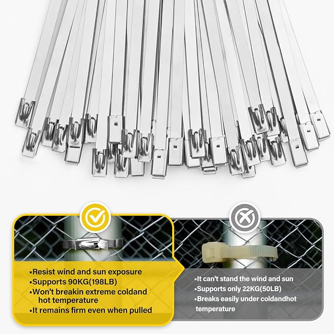 106PCS Heavy Duty 304 Stainless Steel Cable Tie Gun Kit, Includes 100PCS 11.8 Inch Metal Zip Ties, Self-Locking, UV & Corrosion Resistant, for Fence, Exhaust Pipe, Chicken Coop, Farm Use