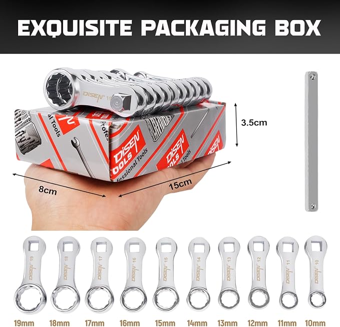 DISEN 10PCS Metric Torque Wrench Adapter 10-19mm 3/8" Drive Extension Box | Chrome vanadium steel | 3/8" square drive | Extension rod design | 10-19mm range | Color box | For car, bike, truck repair