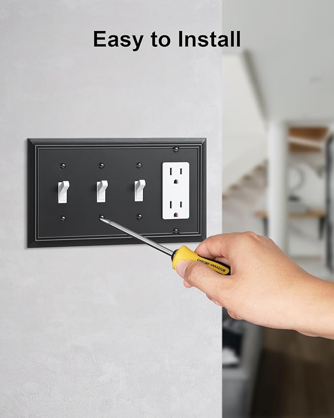 2-Pack Combo Triple Toggle/Decorator Outlet Cover Plate, Black Decorative Switch Plates and Outlet Covers, Durable Natural Bamboo Fiber Wall Plates for Electrical Outlet, Receptacle, GFCI Outlet