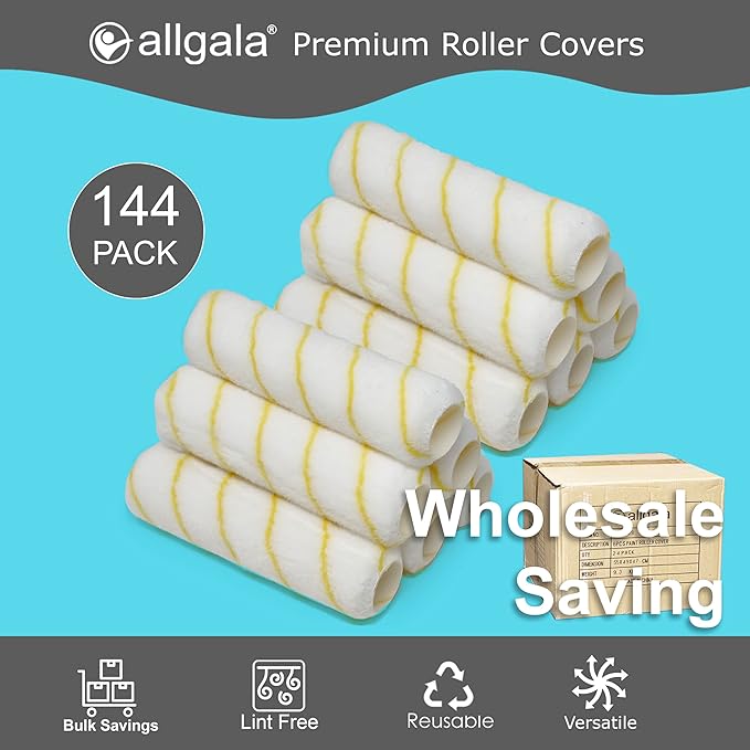Allgala Paint Roller Covers, 144 Case Pack 9 Inch Shedless Lint Free Painter Roller Covers 1/2 in Roller Naps for Paint Roller Kit for House Painting and Professional Projects