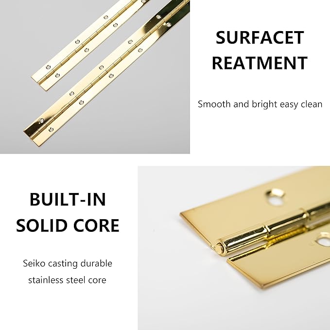 4 PCS 12 Inch Stainless Steel Piano Hinge Heavy Duty with 48pcs Screws for Cabinets Boat Marine Door DIY Woodworking Storage Box Hatche Furniture Hardware Golden