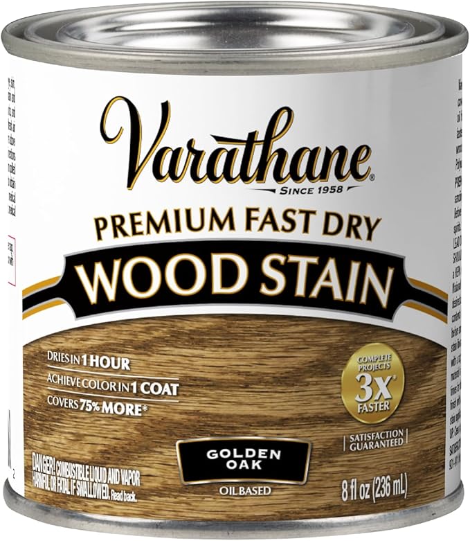 Varathane Premium Fast Dry Wood Stain | 1 Hour Dry Time | 1 Coat Color | Interior Wood Stain | Furniture, Cabinets, Doors, Trim | Half Pint | Golden Oak