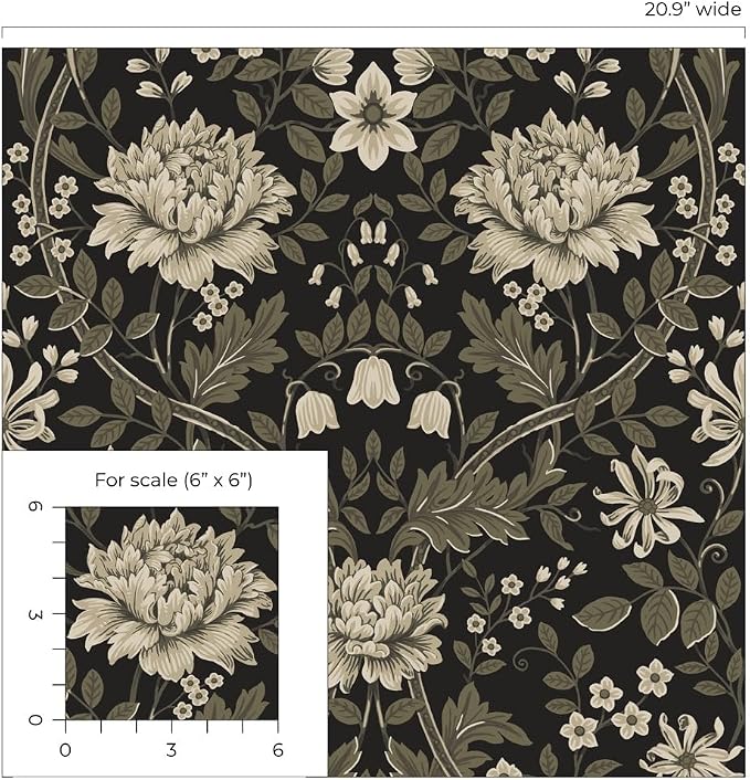 NextWall Honeysuckle Trail Floral Vintage Peel and Stick Wallpaper (Ebony & Pavestone)
