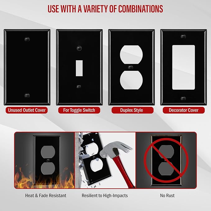 ENERLITES Duplex Receptacle Metal Wall Plate, Outlet Cover, Corrosion Resistant, Standard Size 1-Gang 4.50" x 2.76", Powder Coated Stamped Steel, 7721-BG, Black Gloss