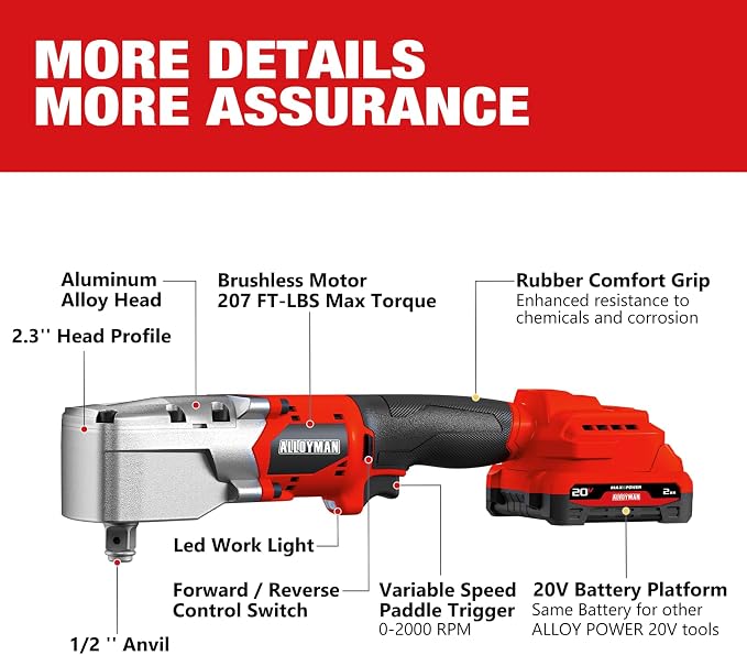 Alloyman 20V Brushless Right Angle Impact Wrench, 1/2", 207 FT-LBS(280.NM) | Slim 90°head, 2-speed control,2 batteries,LED light, for Tight Spaces, Automotive Repair, Engine Bay & Machinery Maintenance