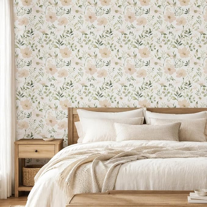Floral Peel and Stick Wallpaper 17.7in x 70.8in | Watercolor flower removable self adhesive design for cottagecore bedroom accent walls