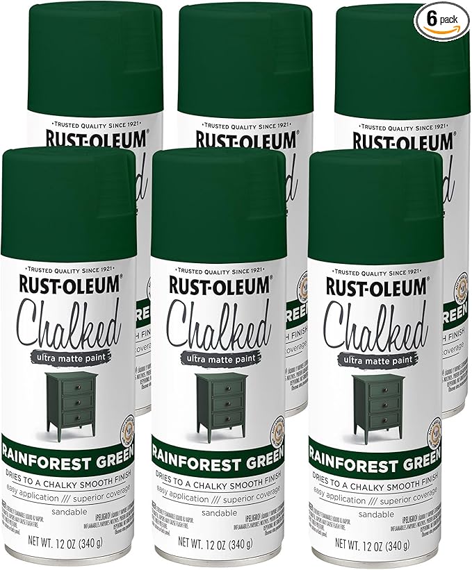 Rust-Oleum Rainforest Green Chalked All-in-One Ultra Matte Spray Paint | One Coat Coverage | No Primer, Sanding, Or Topcoat Needed | Easy Spray Application | Made in USA | 12 OZ | 6 Pack