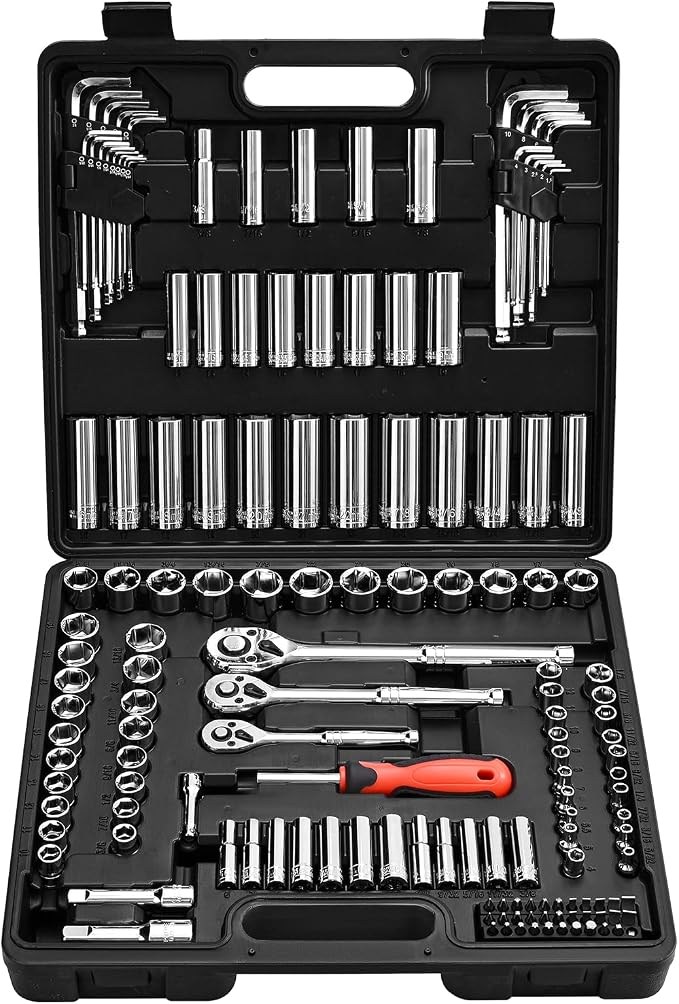 VEVOR Socket Set, 149 Pieces, 3/8 & 1/4 & 1/2 inch Drive Socket and Ratchet Set, SAE and Metric, Deep and Shallow, Mechanic Tool Kit with Bits, Accessories, Storage Case, CR-V Alloy Steel, for Repair | CR-V, SAE and Metric, Deep and Shallow, Tool Set w...