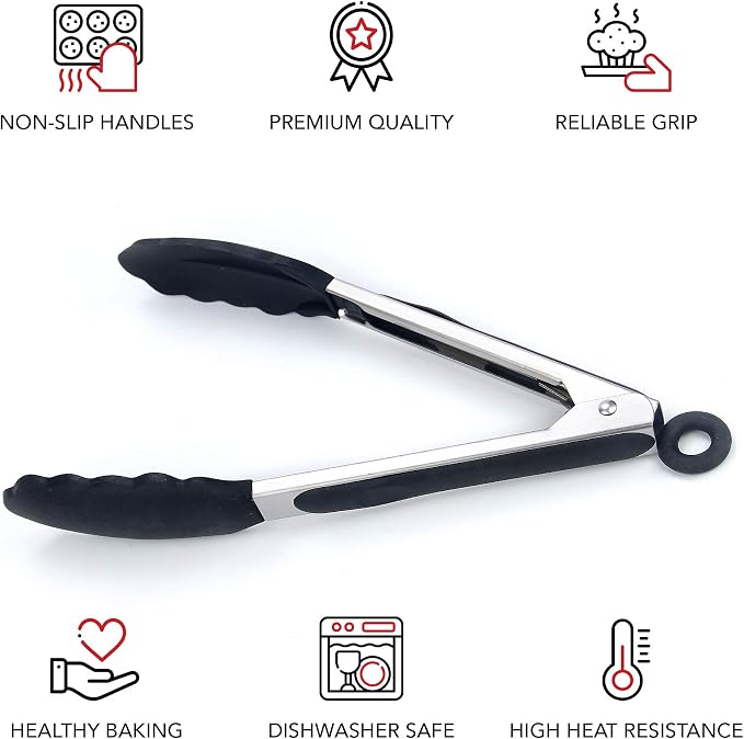 Kitchen Tongs for Cooking with Silicone Tips by Boxiki Kitchen, BPA Free Stainless Steel set of 2 Silicone Tongs for Cooking, Grilling & Toss a Salad, Heat Resistant Grill Tongs for Serving Food.