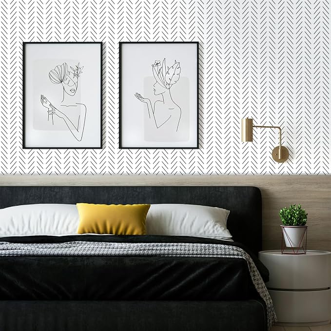 Erfoni Black and White Peel and Stick Wallpaper Herringbone Contact Paper | 17.7in x 393.7in Black Geometric Removable Wallpaper Modern DIY Self Adhesive Wallpaper for Livingroom Bathroom Decor