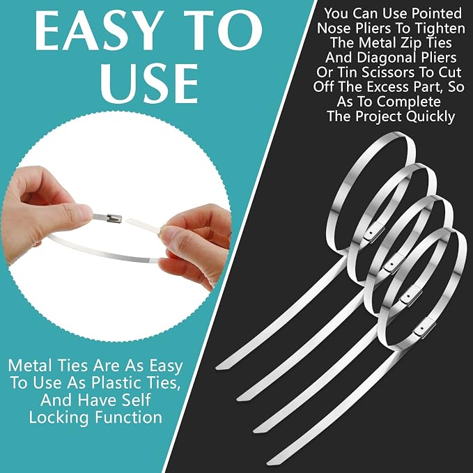 LEIFIDE 500 Pcs Metal Zip Ties 304 Stainless Steel Zip Ties Heavy Duty Self Locking 220 Pound Tensile Strength Cable Suitable for Exhaust Wrapping Fence Outdoor Workshop Canopy(3.9 Inch)