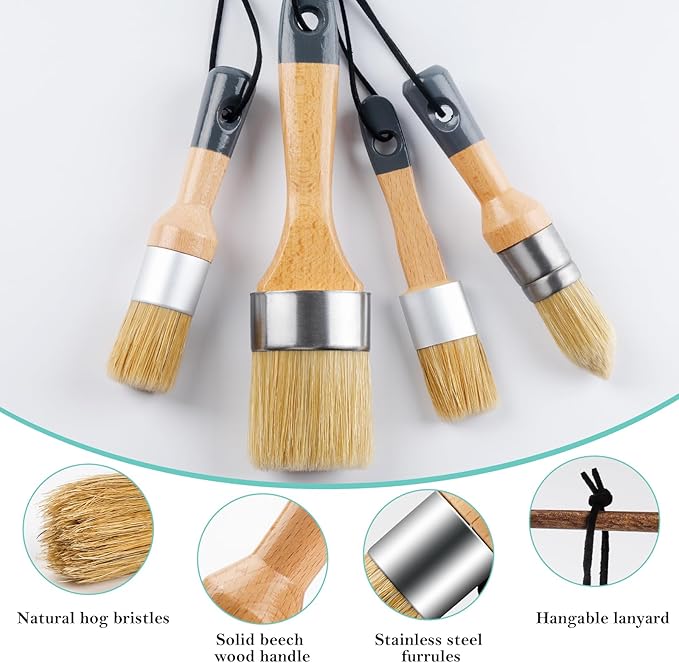 Mister Rui Chalk Paint Brush, 4 pcs Wax Paint Brush Set, Wax Brushes for Waxing and Stenciling, Natural Bristles Round Paint Brushes, Ideal for DIY Home Decor, Art Crafts