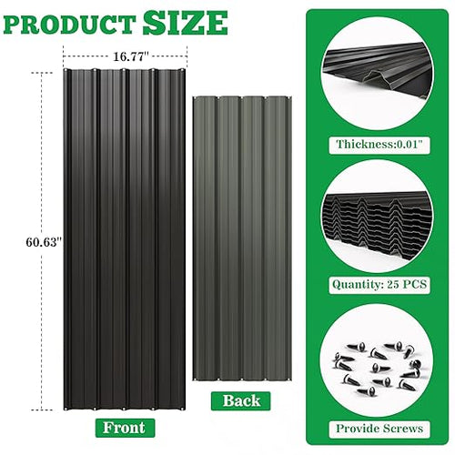 10pcs Metal Roofing Panels, 60.63'' L ×17.72'' W 72.98 ft² Corrugated Metal Sheets, Galvanized Steel Roof Fence Panels for Mobile Homes, Garages, Chicken Coop, Sheds, Stables, Patio, Black