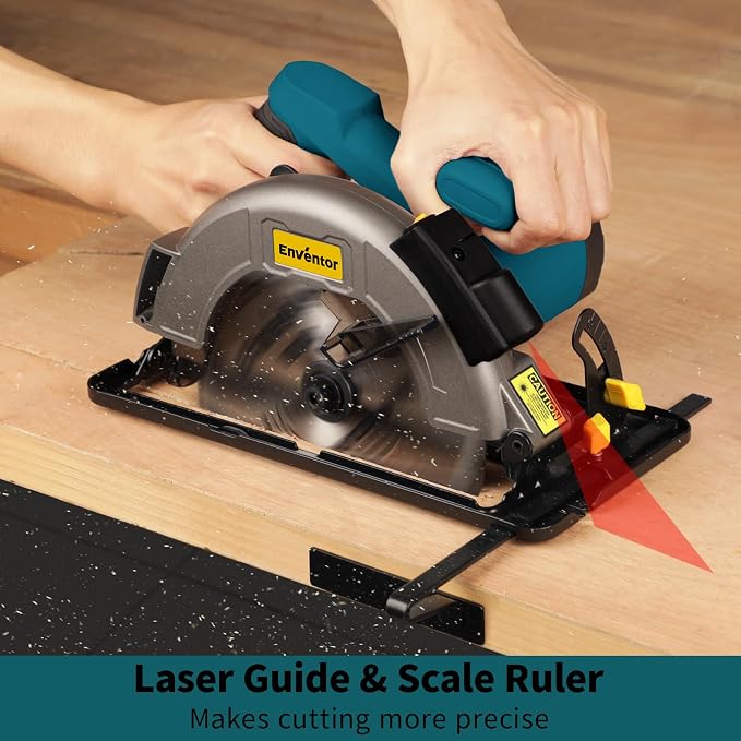 Enventor 11A Circular Saw 7-1/4-Inch with Laser Guide, 2 Blade Saws 24T/40T | Electric Circular Saw Corded, Max Cutting Depth 2-7/16"(90°), 1-8/9"(0°-45°), Single Handed Bevel, 6000RPM (Blue)