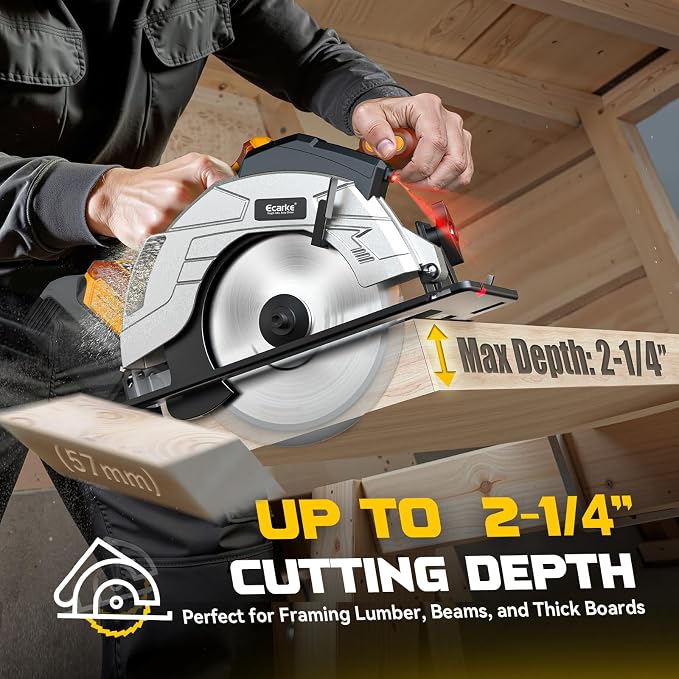 Ecarke 7-1/4" Cordless Circular Saw, Compatible with DeWalt 20V Battery, 5000 RPM Electric Circular Saw with Laser Guide, 2 Blades (24T & 40T), 0–45° Bevel, 2-1/4" Cutting Depth (Tool Only)