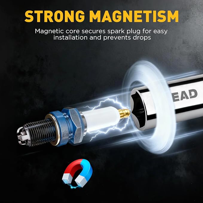 5/8" Swivel Magnetic Spark Plug Socket, 3/8" Drive x 12" Total Length, Thin Wall Spark Plug Removal Tool, 360 Degree Swivel, Enhanced Magnetic, 6-Point Design, Cr-V Steel