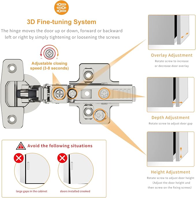 Chibery 50 Pack Frameless Half Overlay Soft Close Concealed European Hinges, Self Closing Satin Nickel, 105 ° Open Angle 4D Adjustment, Speed Control, Clip On, Stainless Steel for Cabinet Door
