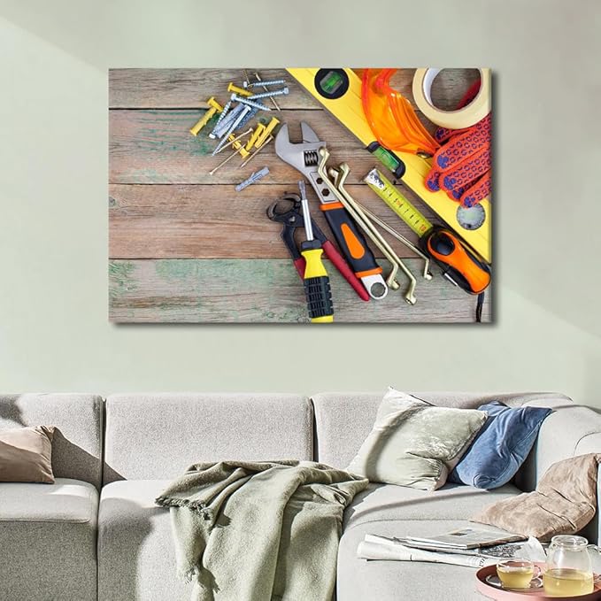 Large Wall Art for Living Room Orange Tool Theme Set of Various Construction Tools on a Wooden Background Top View Poster Canvas Supermarket Hotel Tool Room Hardware Store Wall Decor 1pcs (24"Wx36"H)